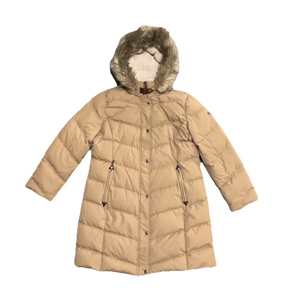 Ralph Lauren Tan Down Puffer Parka Faux Fur Hood Long Coat Women Size XL Winter‎